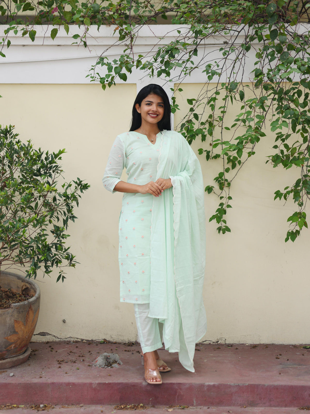 Pastel Green pure mul chanderi embroidery salwar set with scallop shawl
