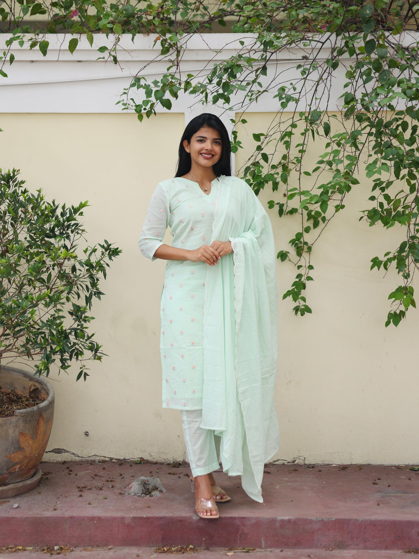 Pastel Green pure mul chanderi embroidery salwar set with scallop shawl