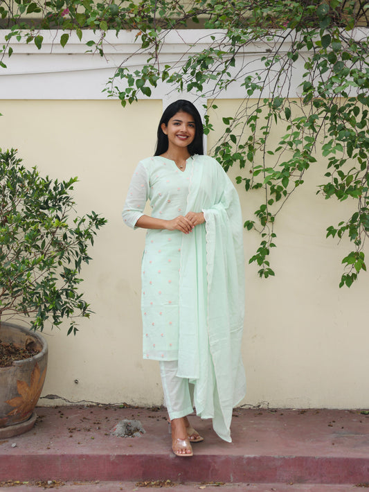 Pastel Green pure mul chanderi embroidery salwar set with scallop shawl