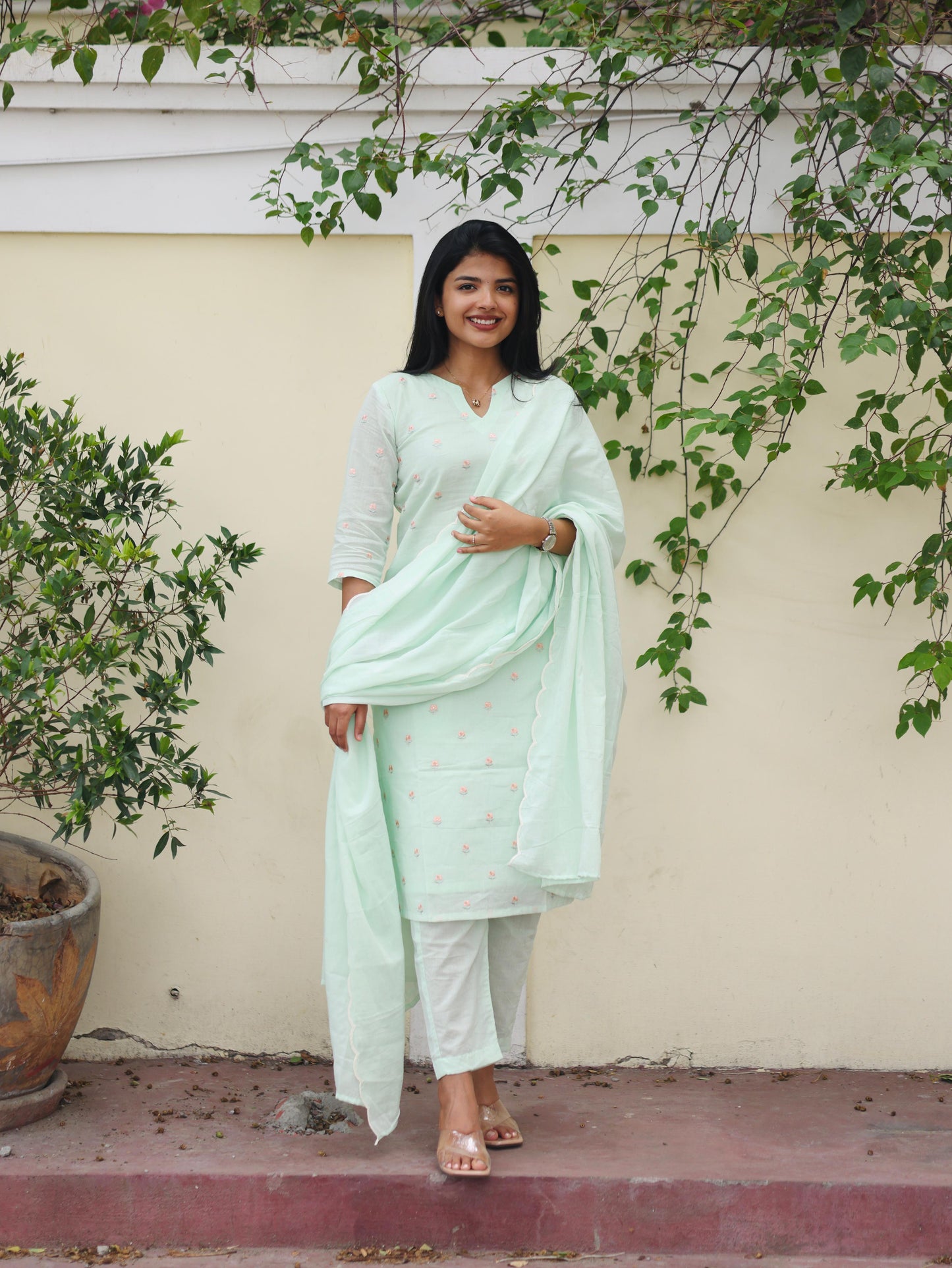 Pastel Green pure mul chanderi embroidery salwar set with scallop shawl