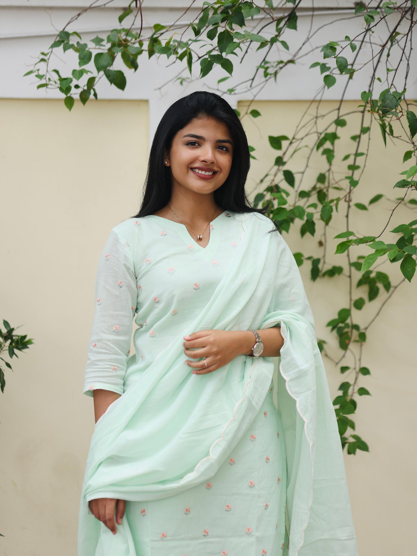 Pastel Green pure mul chanderi embroidery salwar set with scallop shawl