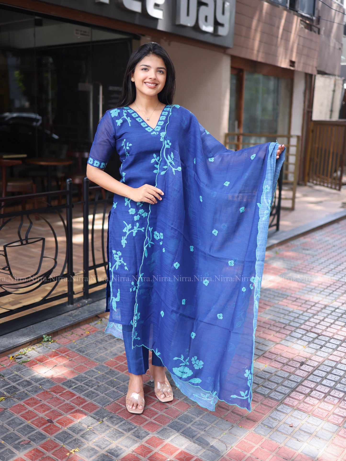 Royal blue chanderi set with Kantha embroidery work
