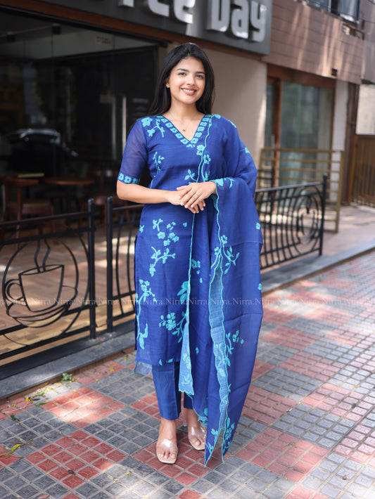 Royal blue chanderi set with Kantha embroidery work