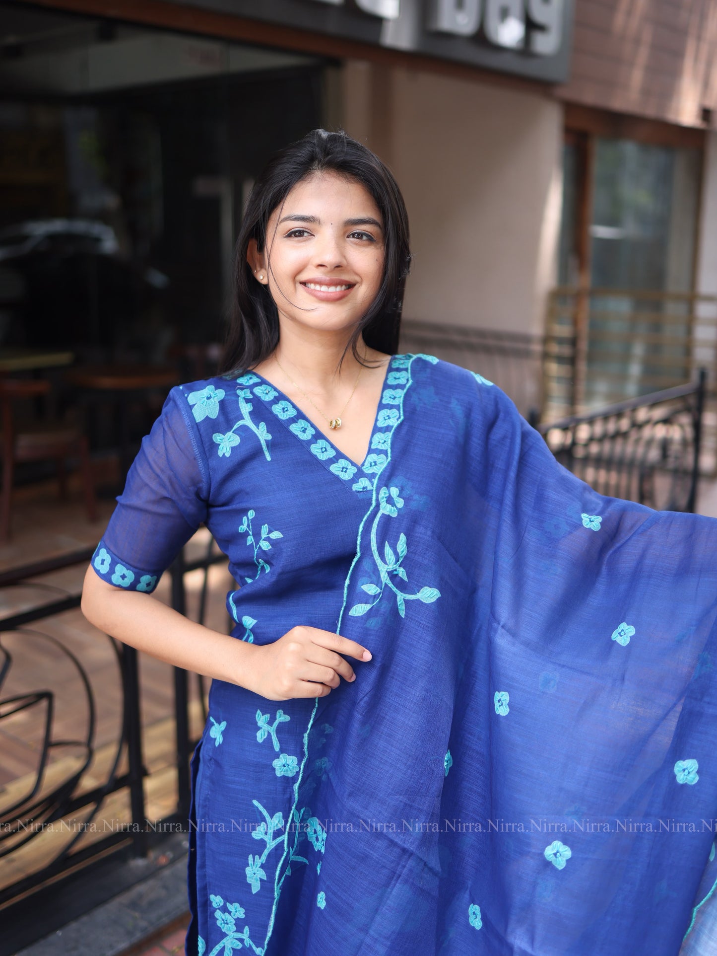 Royal blue chanderi set with Kantha embroidery work