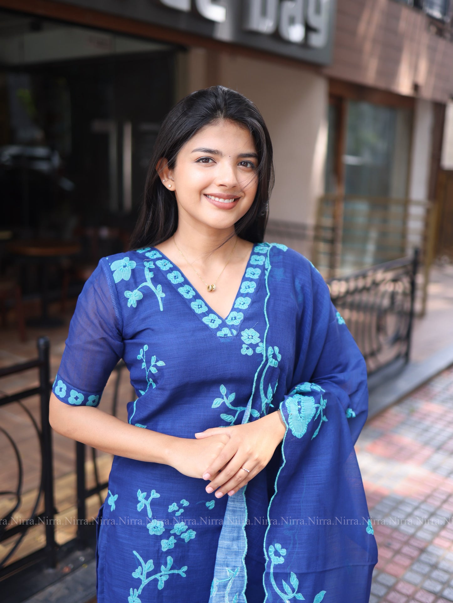Royal blue chanderi set with Kantha embroidery work