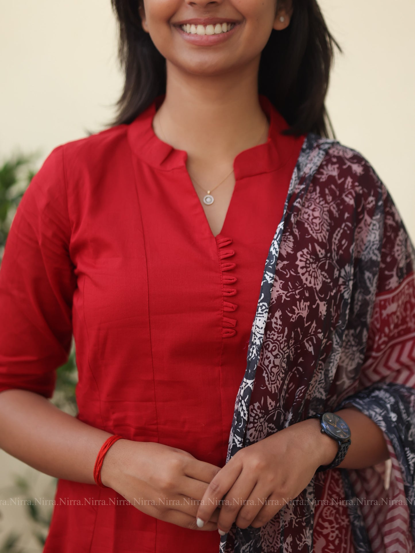 Red silk cotton panel cut top with printed organza shawl