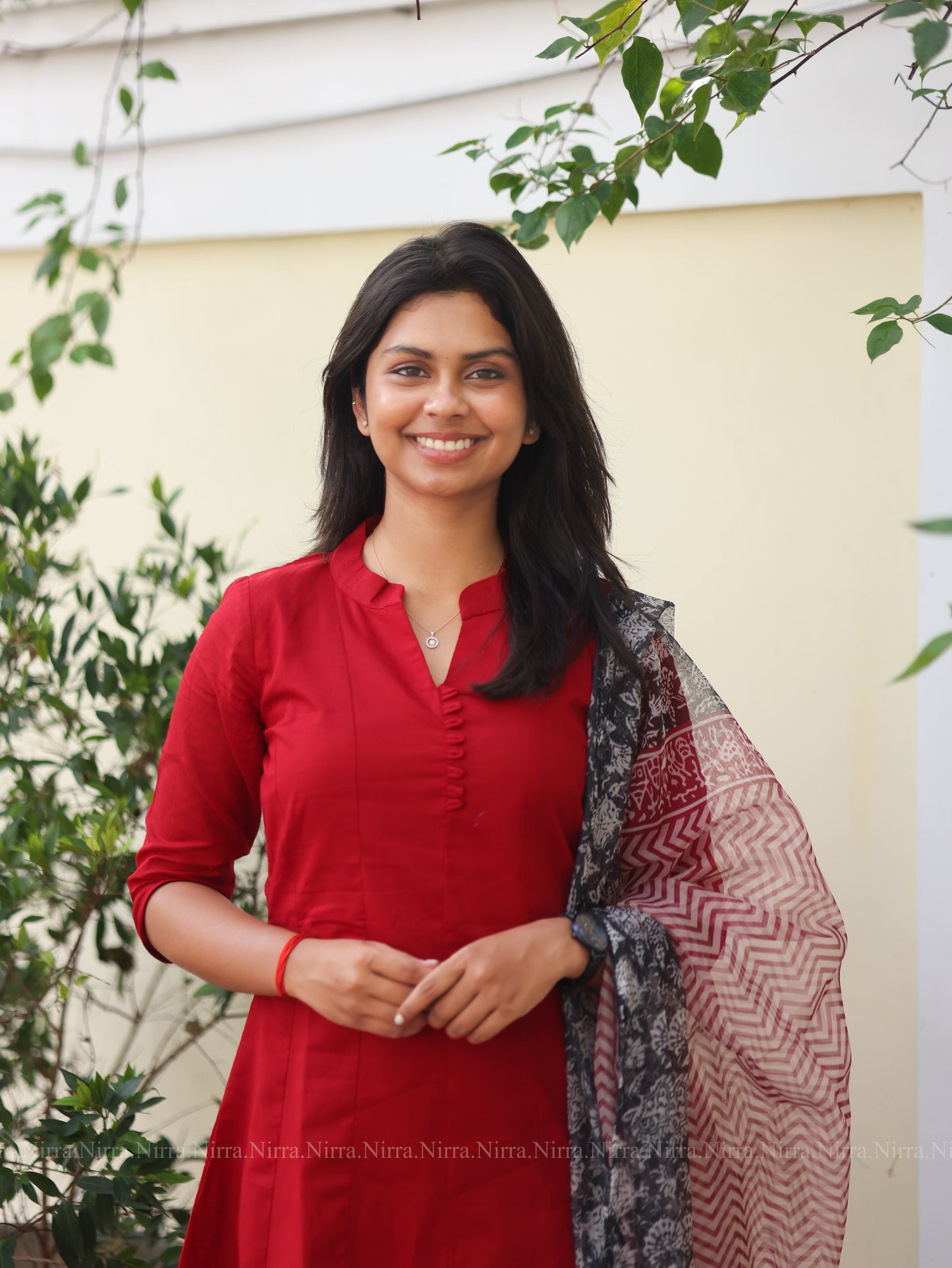 Red silk cotton panel cut top with printed organza shawl