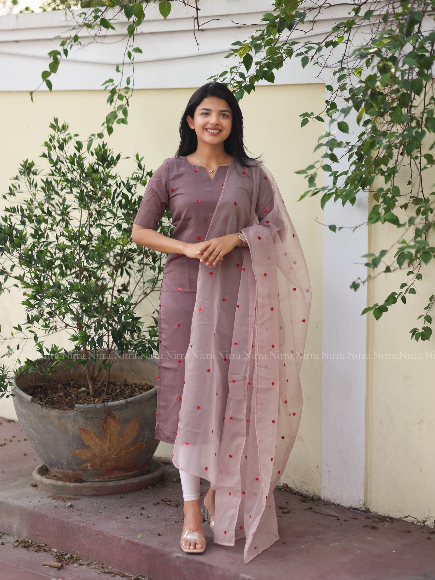 Dusty mauve embroidered crepe kurti with blush pink embroidered organza shawl