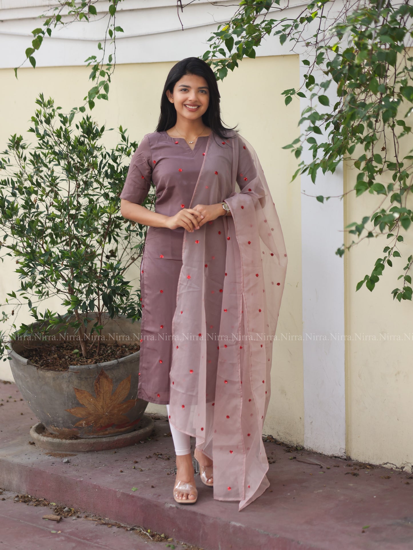 Dusty mauve embroidered crepe kurti with blush pink embroidered organza shawl