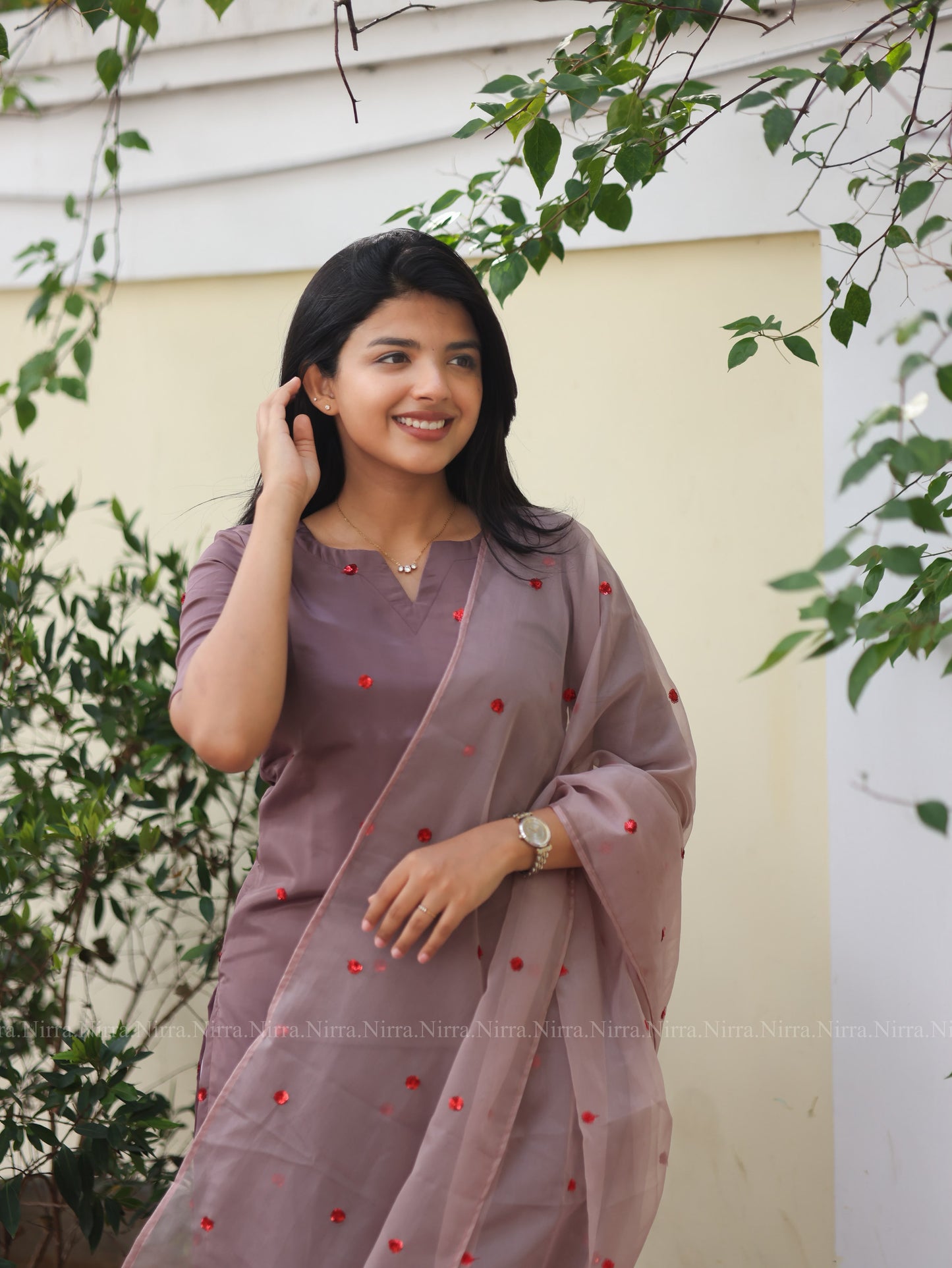 Dusty mauve embroidered crepe kurti with blush pink embroidered organza shawl