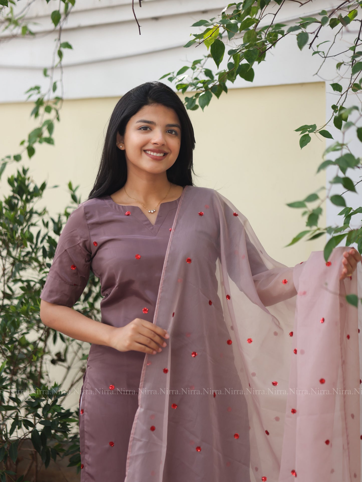 Dusty mauve embroidered crepe kurti with blush pink embroidered organza shawl
