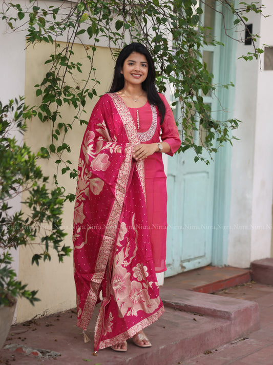 Pink tissue premium salwar set with sequence embroidery and Banaras shawl