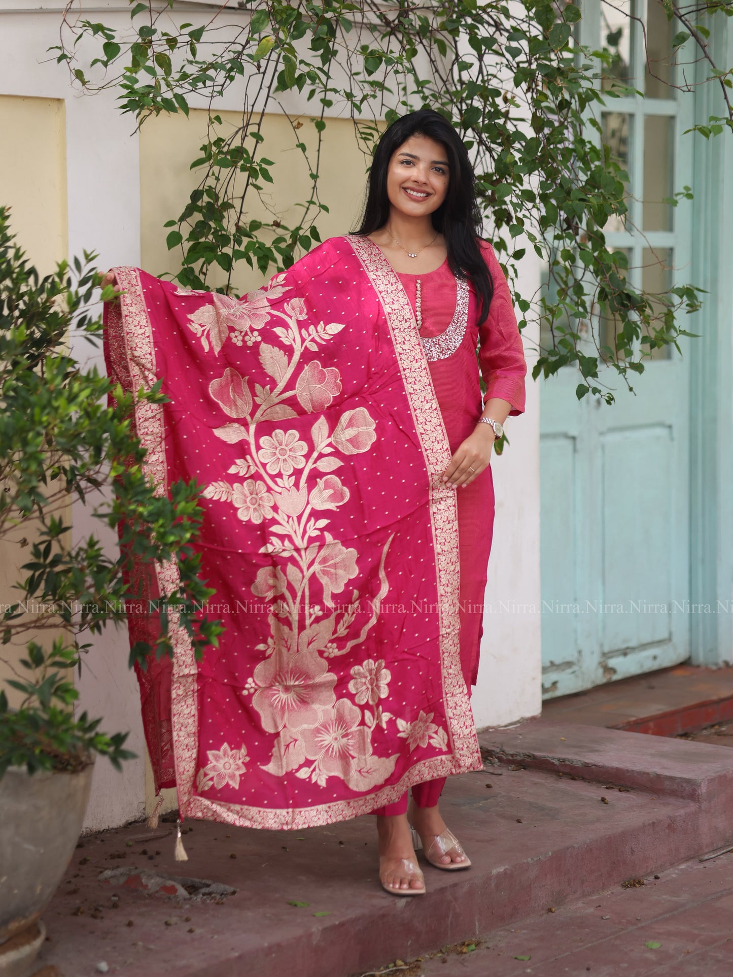 Pink tissue premium salwar set with sequence embroidery and Banaras shawl