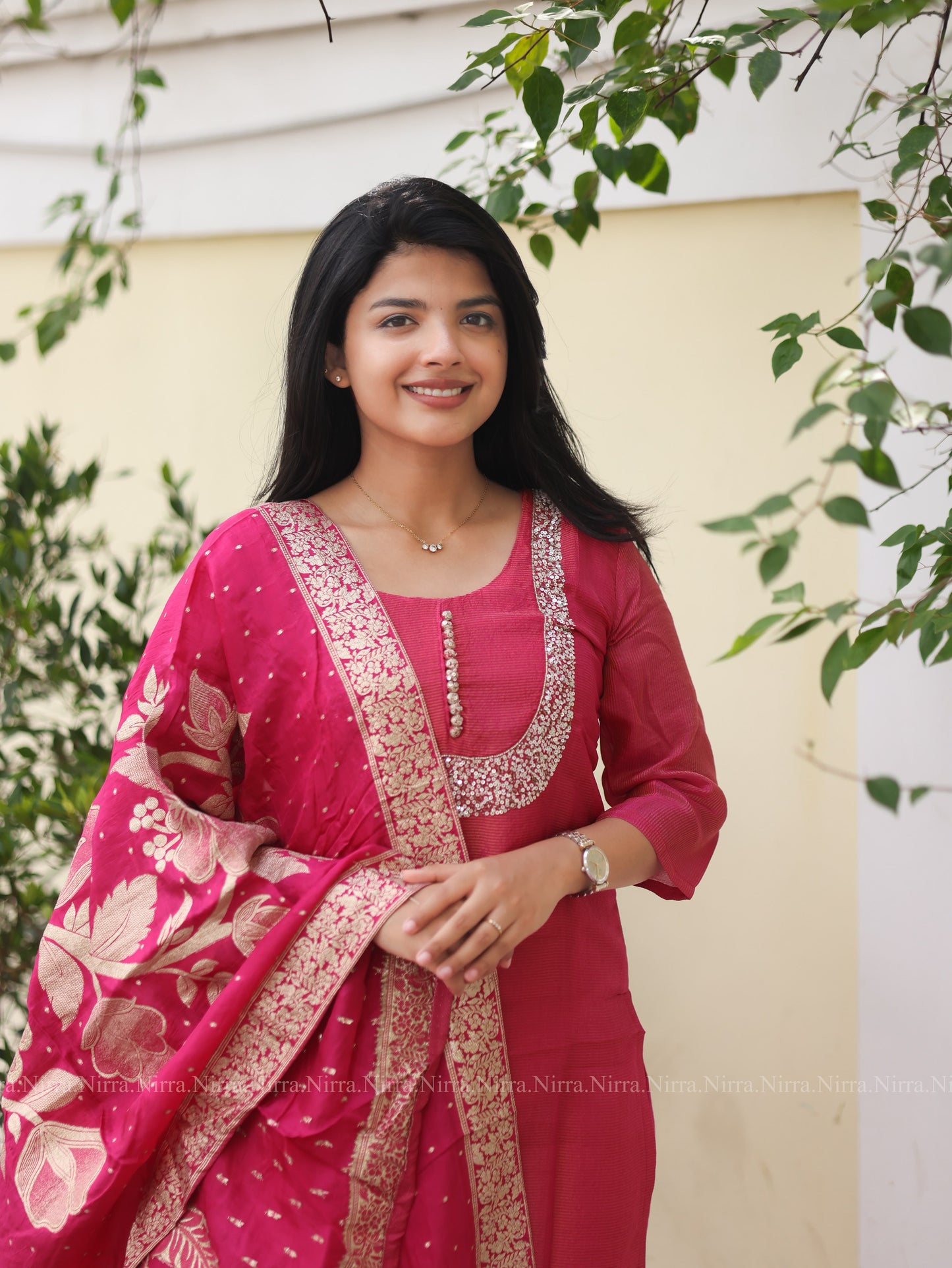 Pink tissue premium salwar set with sequence embroidery and Banaras shawl