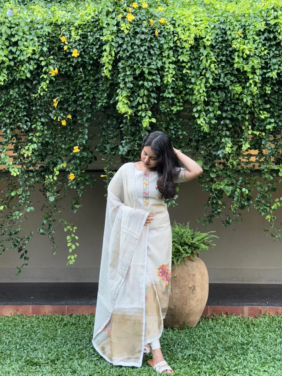 Onam collection-Ivory silk set with flower embroidery