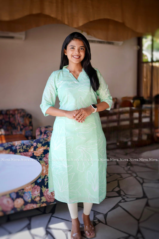Torquoise green cotton kurti with collar neck