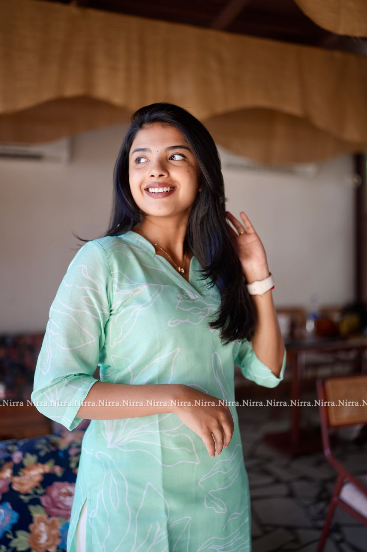 Torquoise green cotton kurti with collar neck