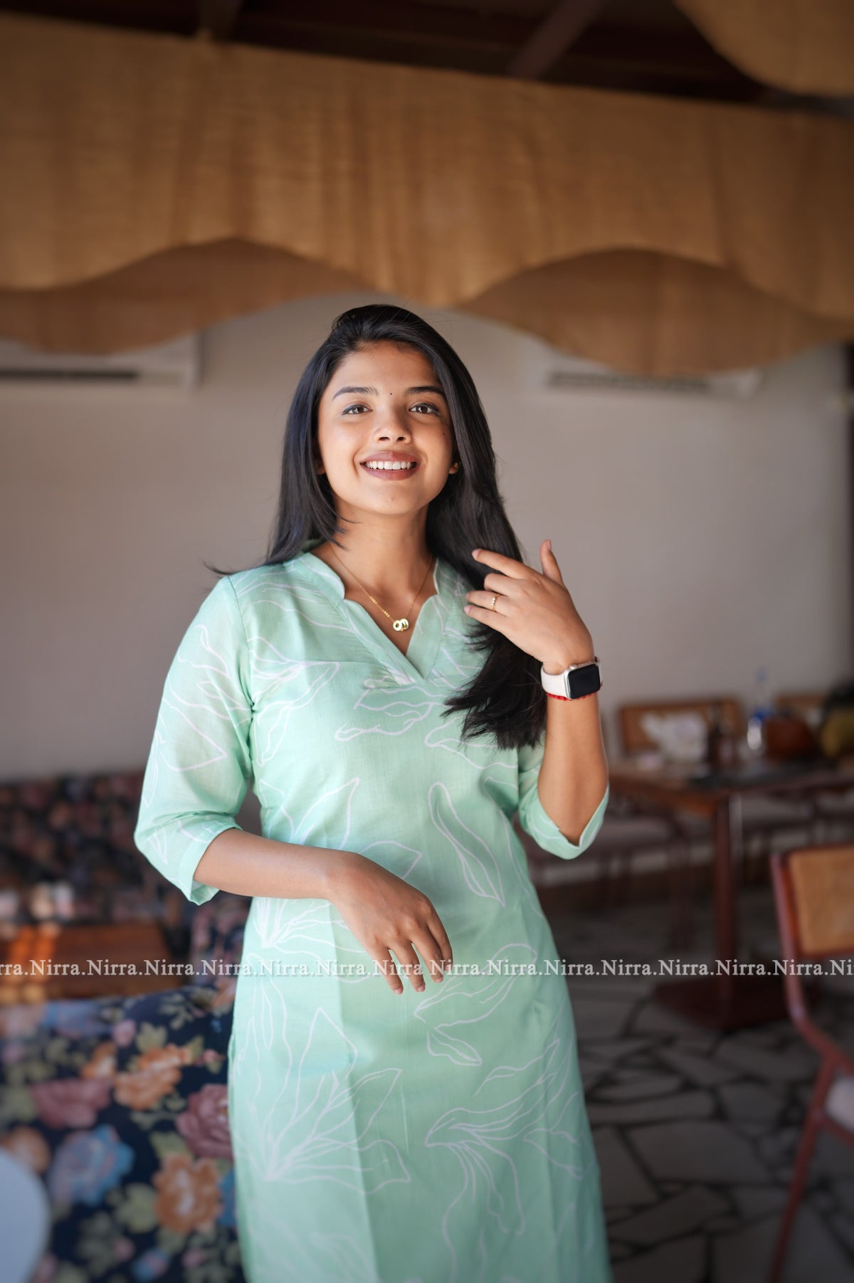 Torquoise green cotton kurti with collar neck