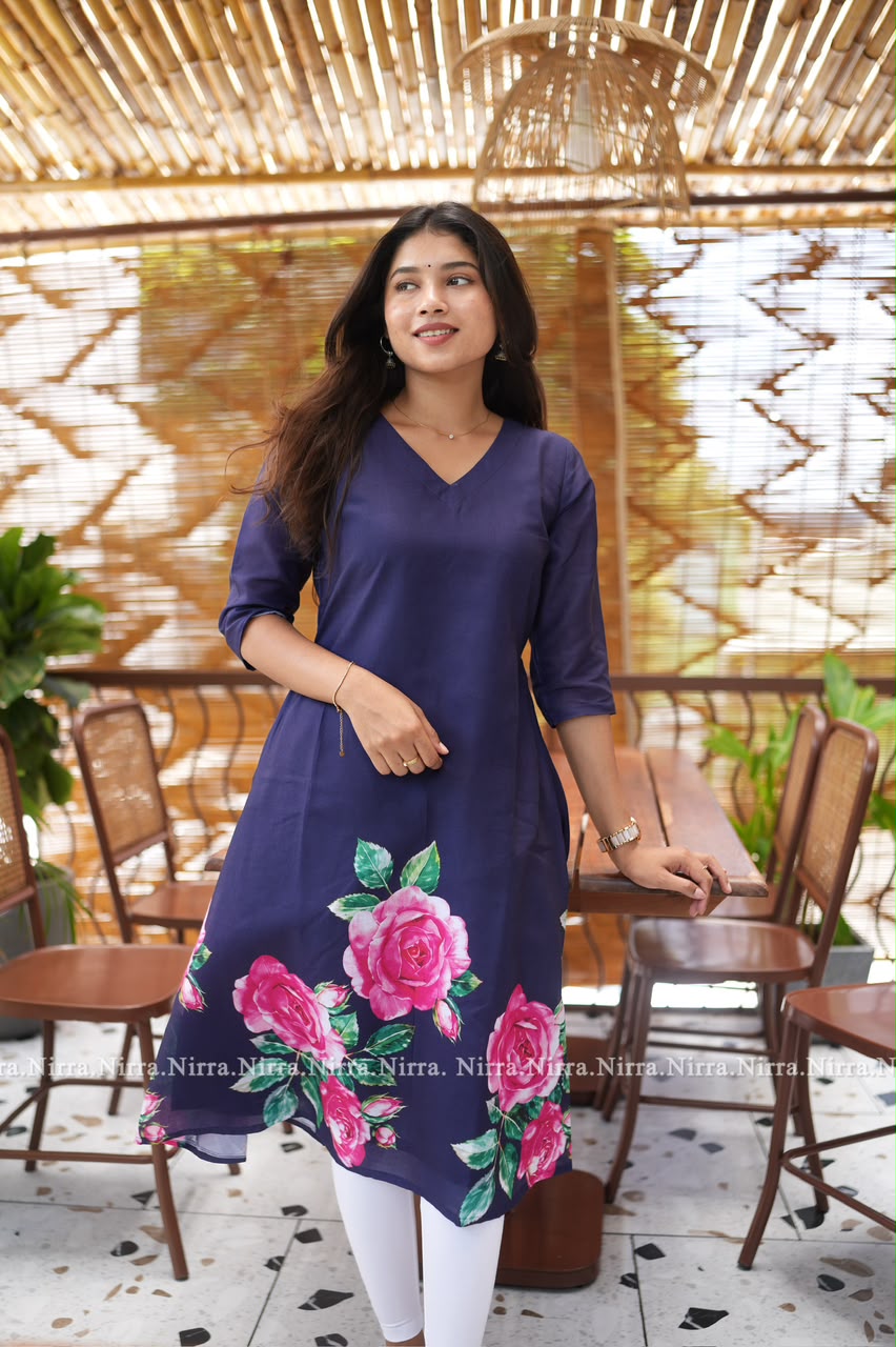 Navy blue floral printed Aline kurti