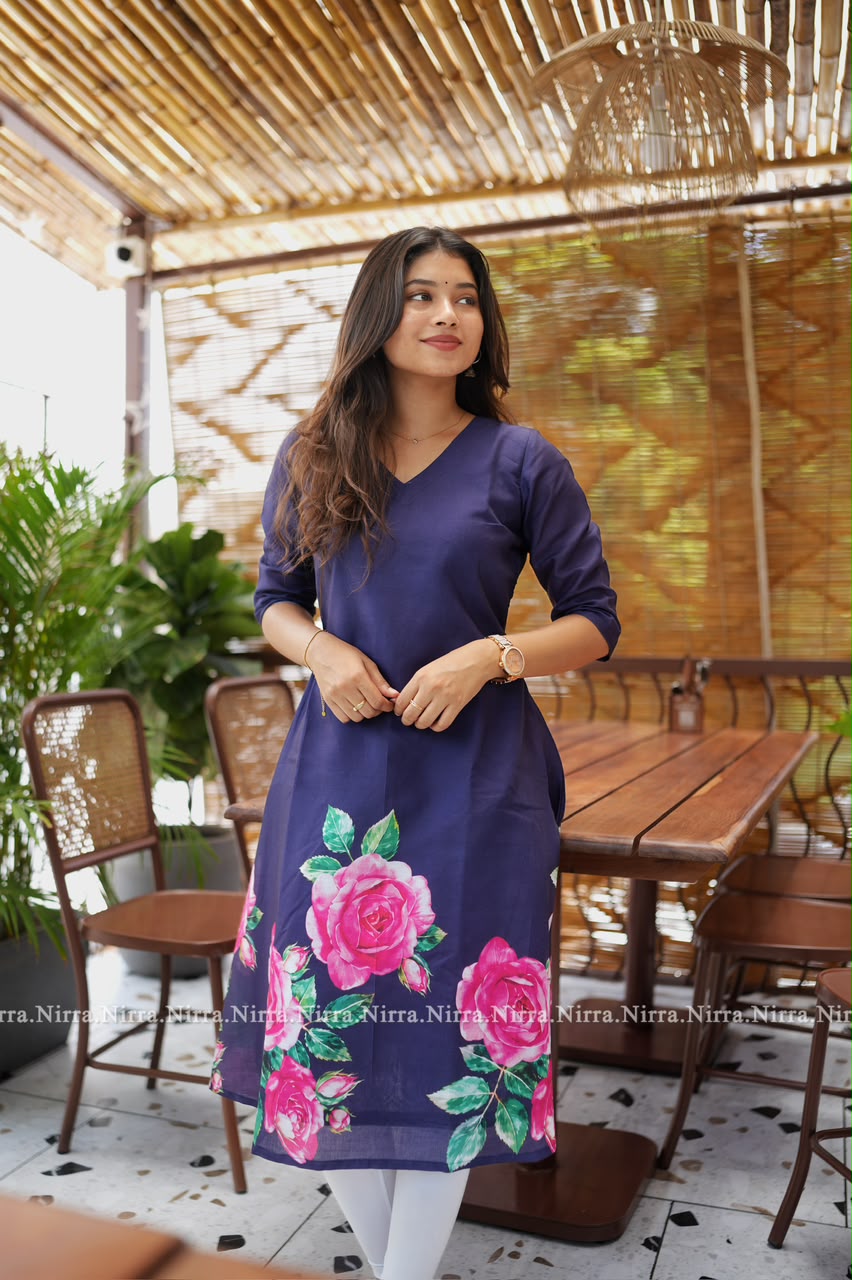 Navy blue floral printed Aline kurti
