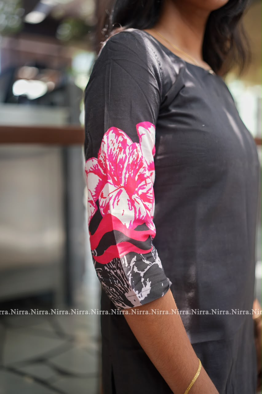 Black cotton floral print kurti