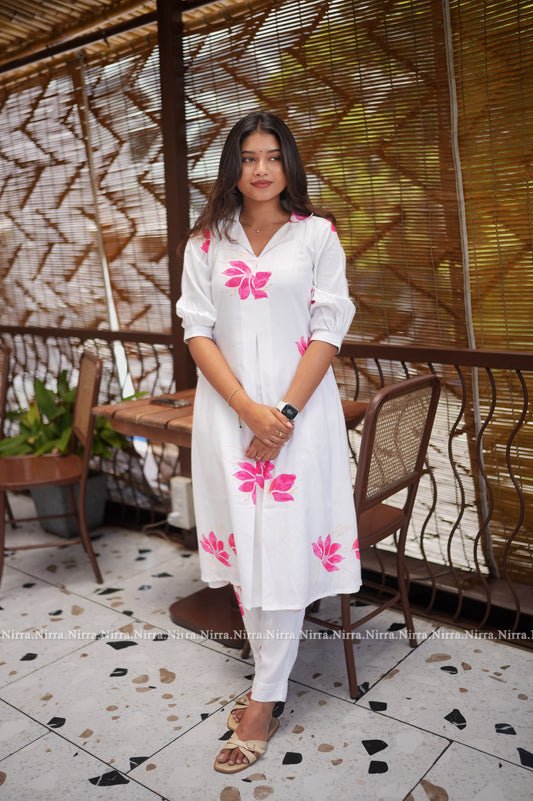 White floral printed coord set with straight pants