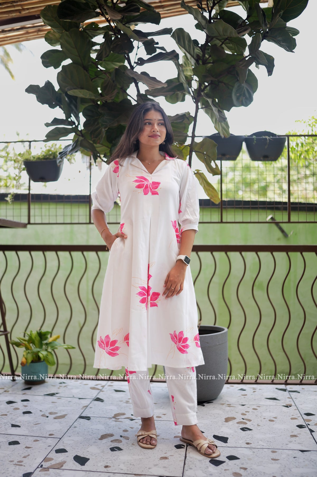 White floral printed coord set with straight pants
