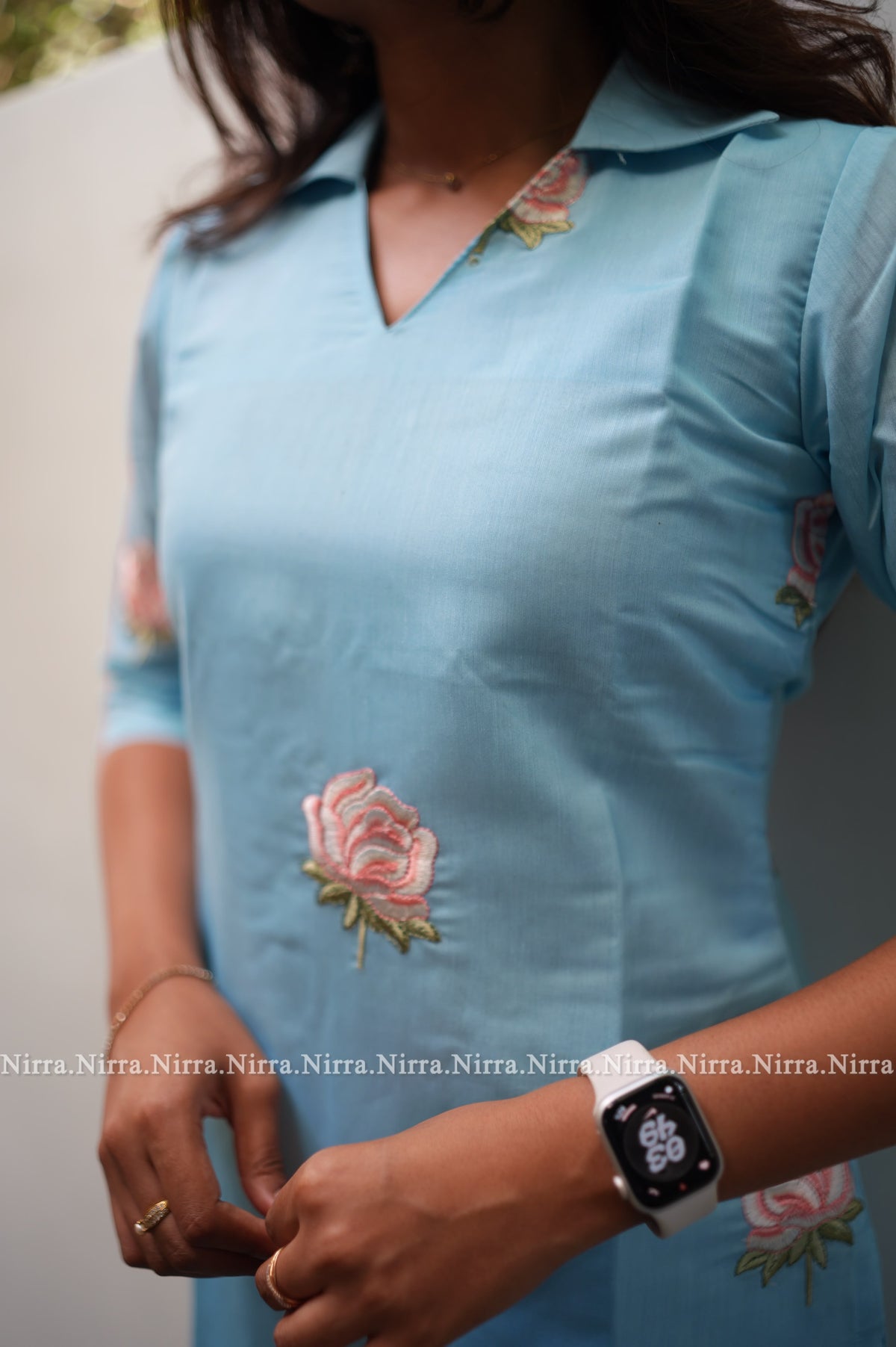 Powder blue chanderi embroidered kurti