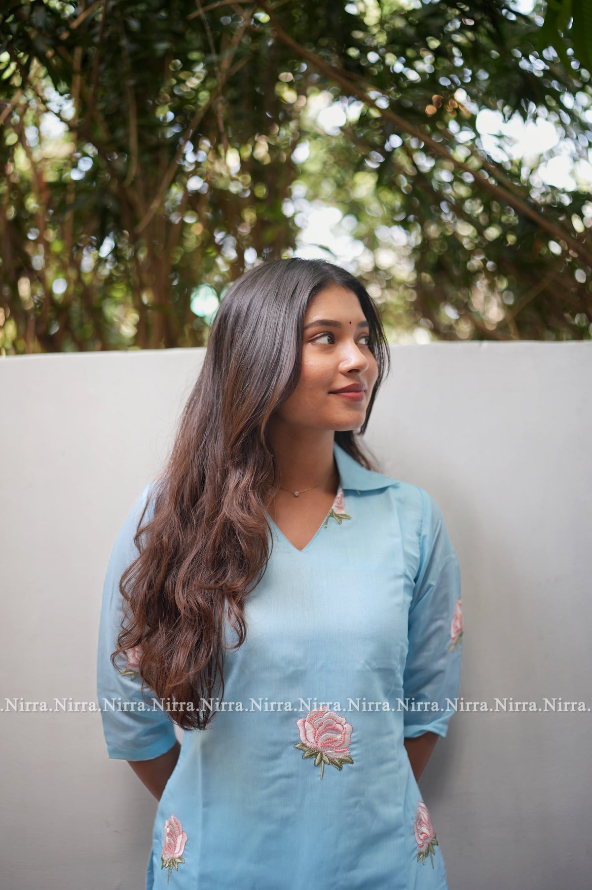 Powder blue chanderi embroidered kurti