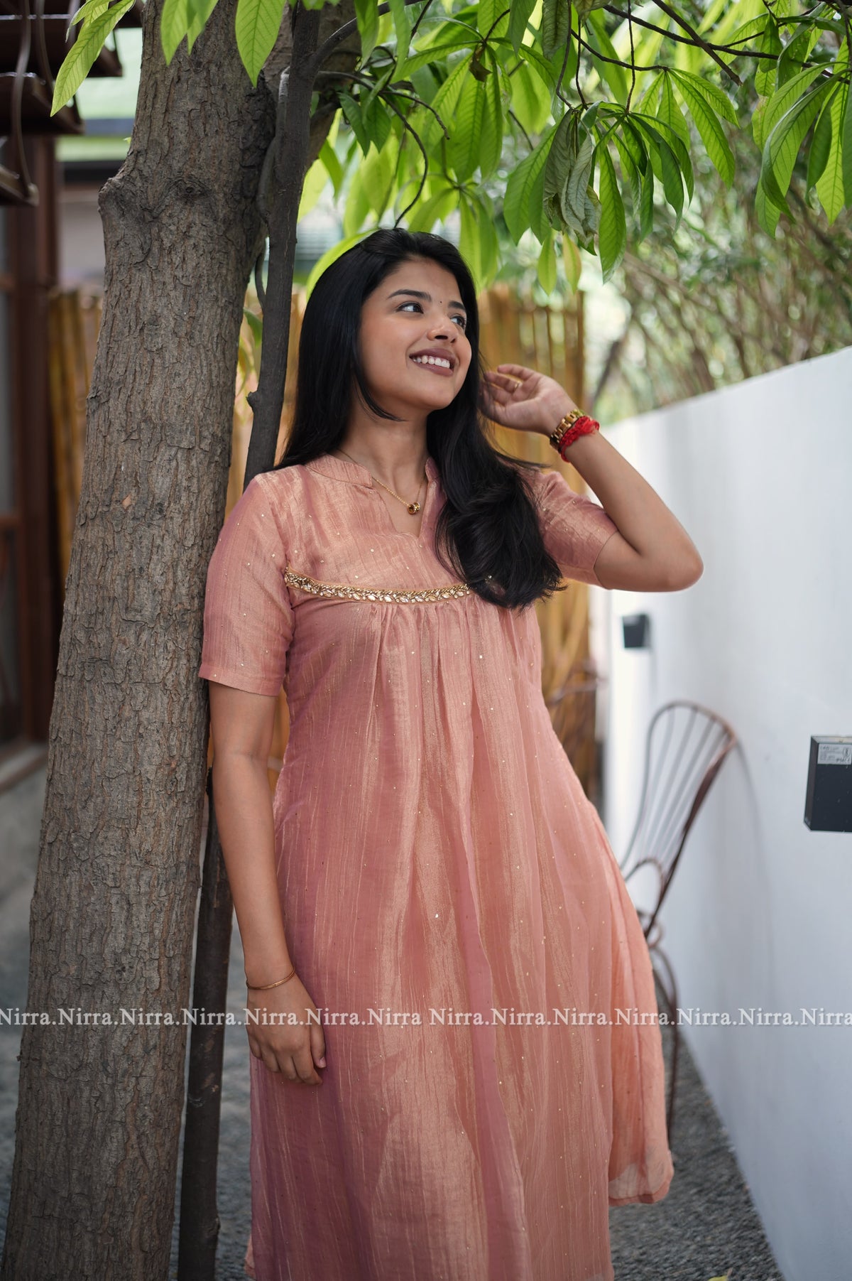 Dusty peach crushed tissue embellished Aline kurti