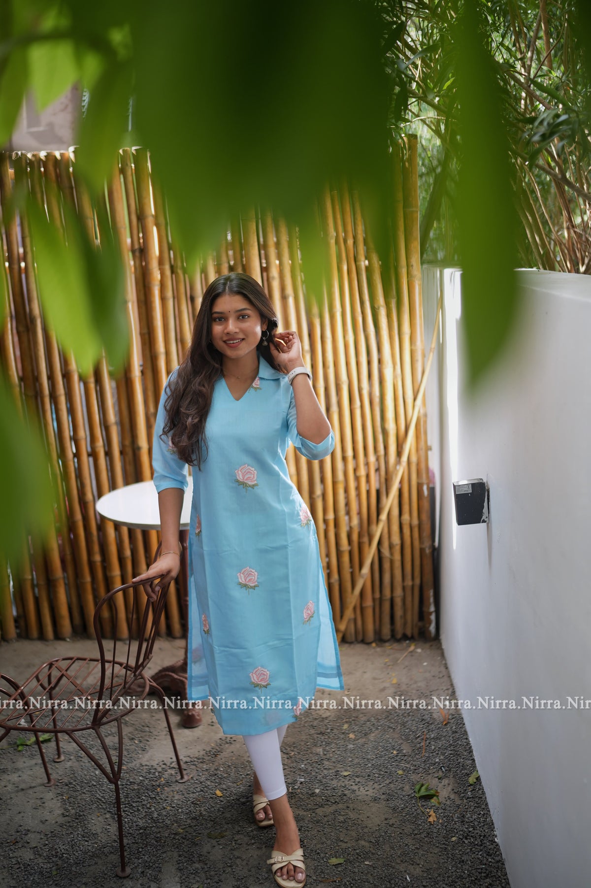 Powder blue chanderi embroidered kurti