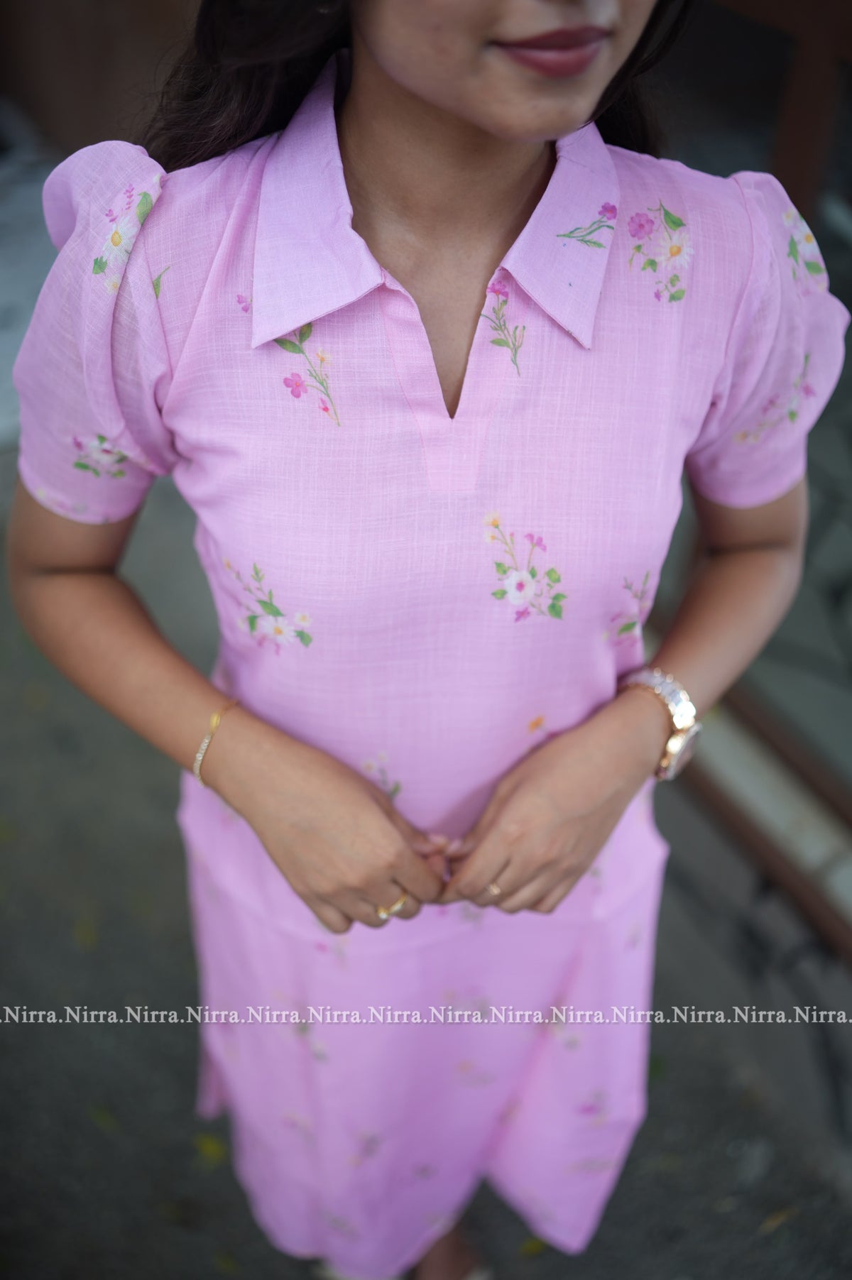 Pink floral Chanderi collar neck kurti