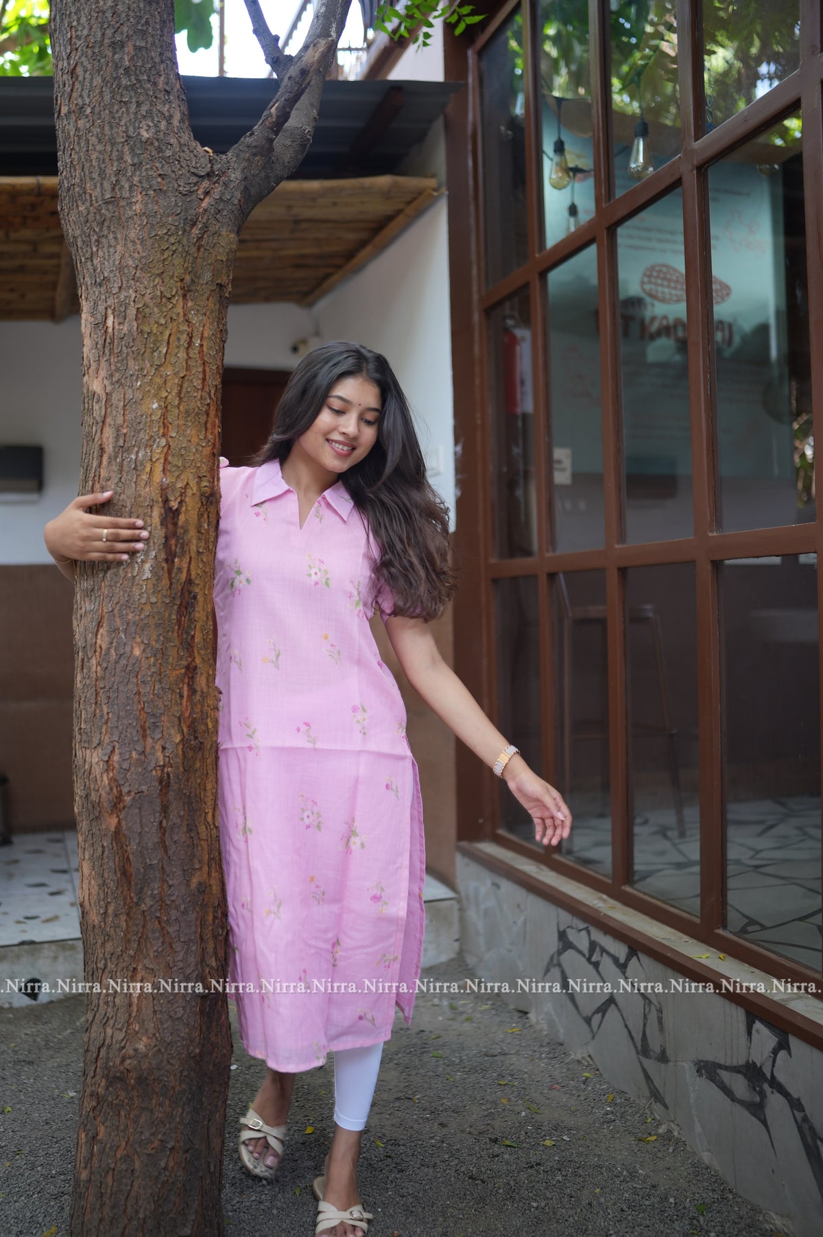 Pink floral Chanderi collar neck kurti