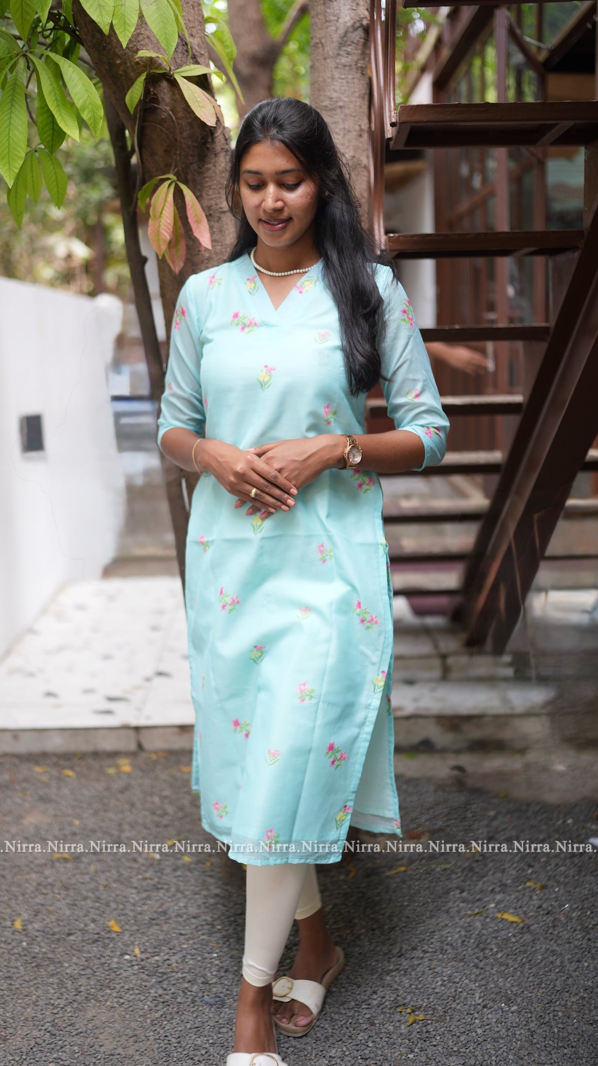 Blue floral Chanderi kurti