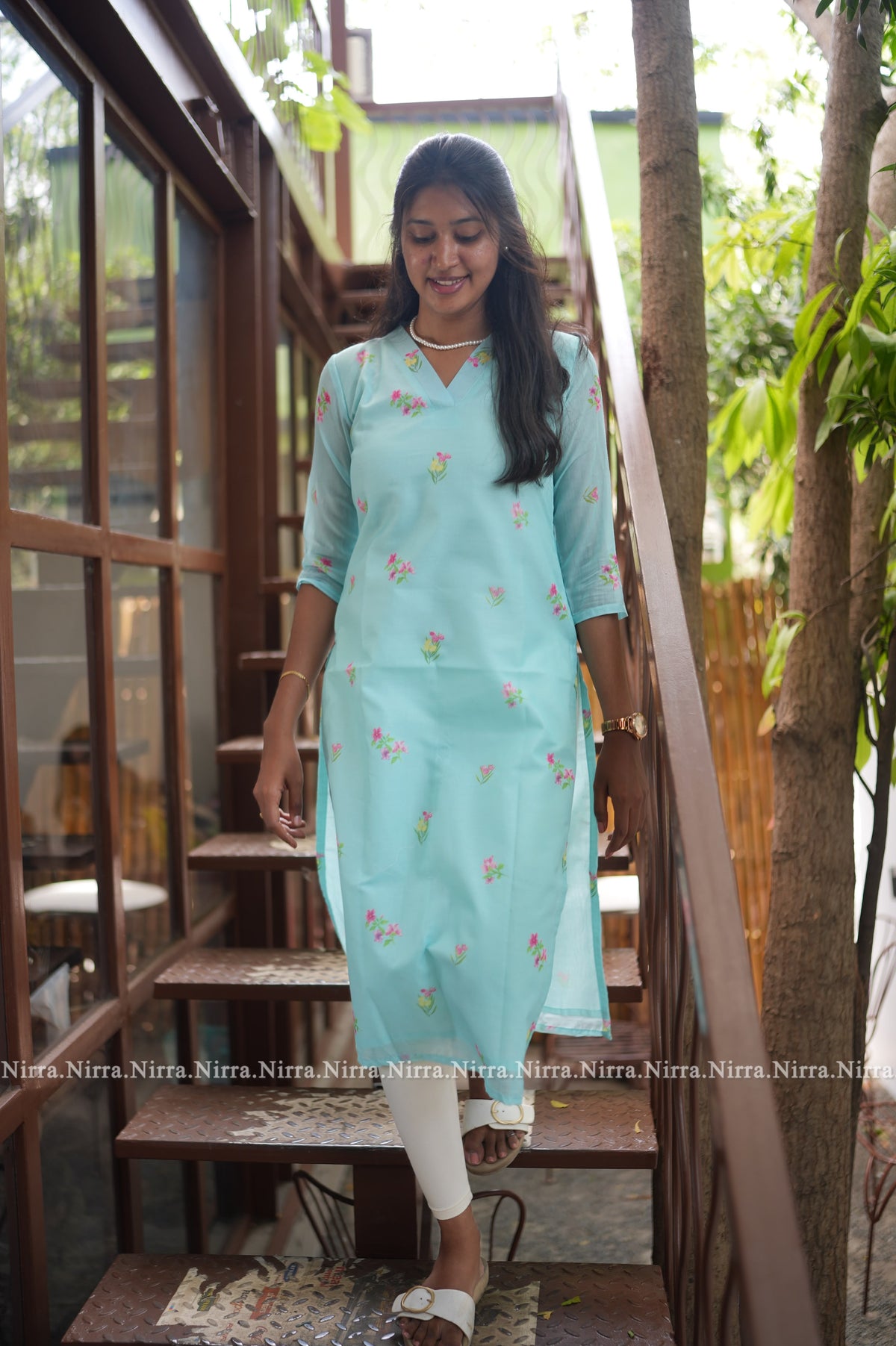 Blue floral Chanderi kurti