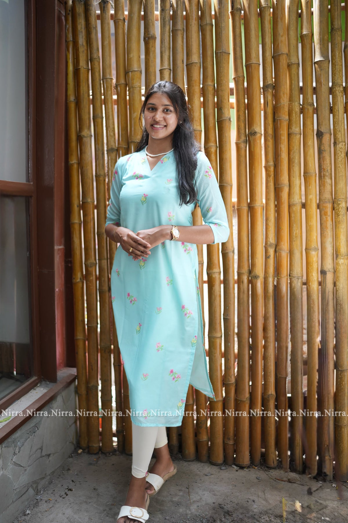 Blue floral Chanderi kurti