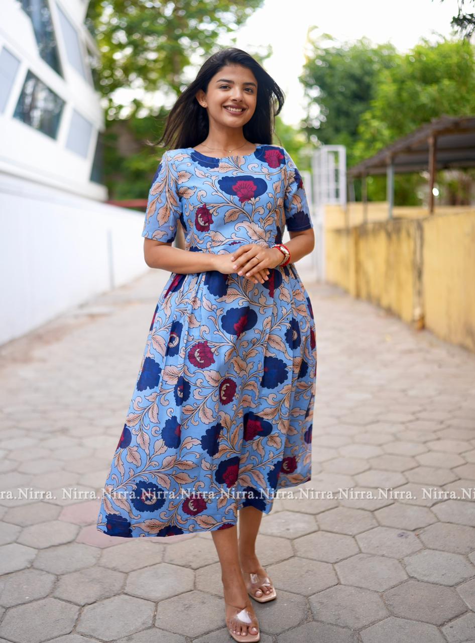Kalamkari Ice blue cotton maxi