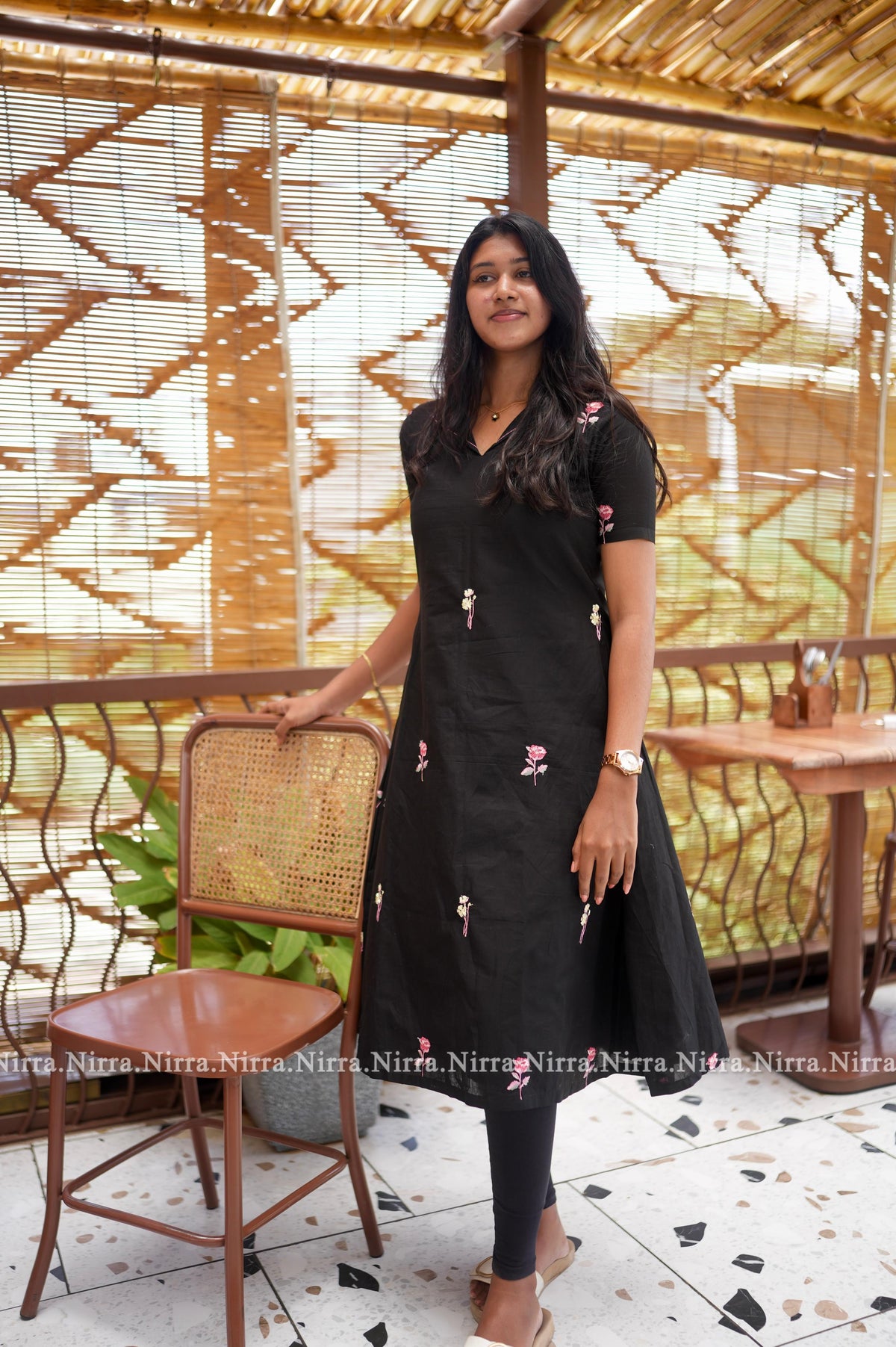 Black cotton embroidery Aline kurti