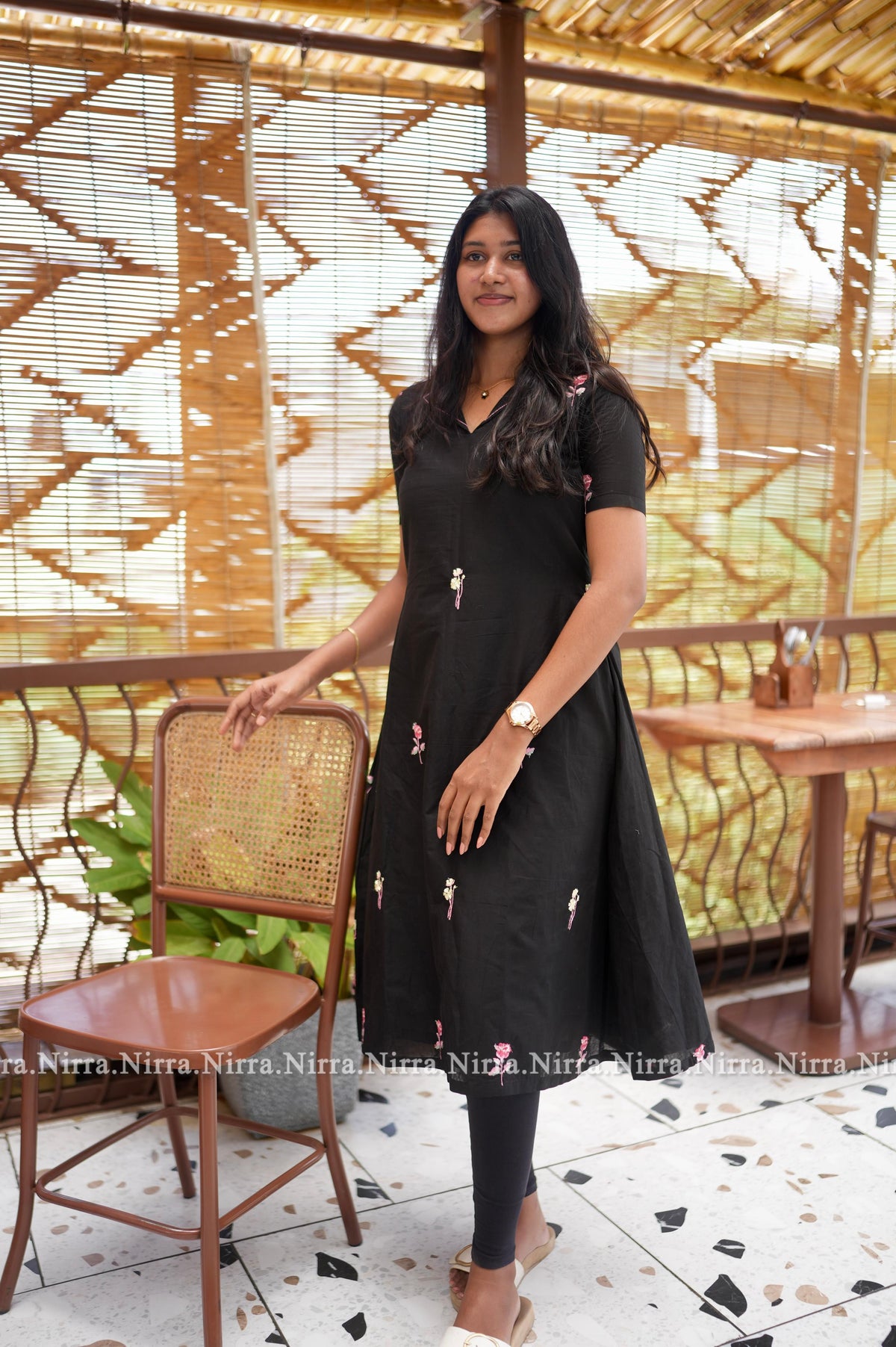 Black cotton embroidery Aline kurti