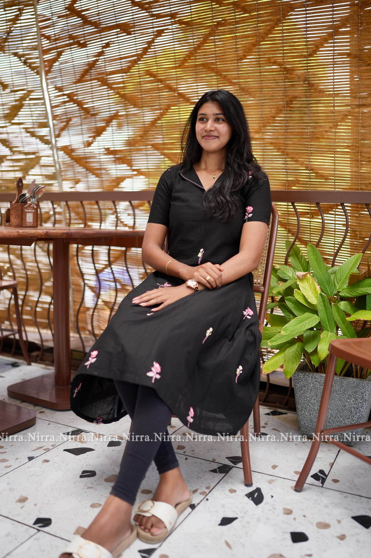 Black cotton embroidery Aline kurti