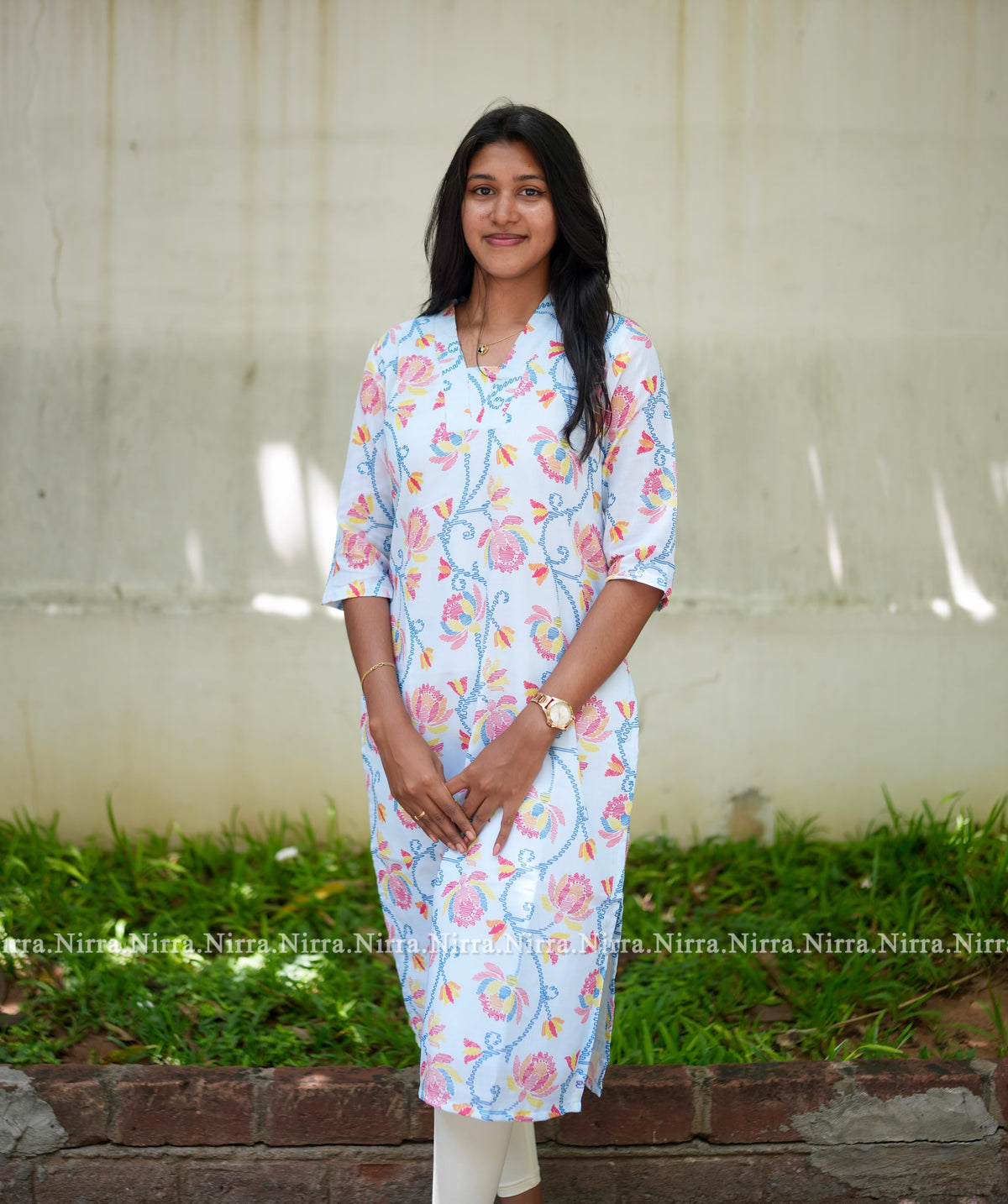 Sky blue floral print cotton kurti