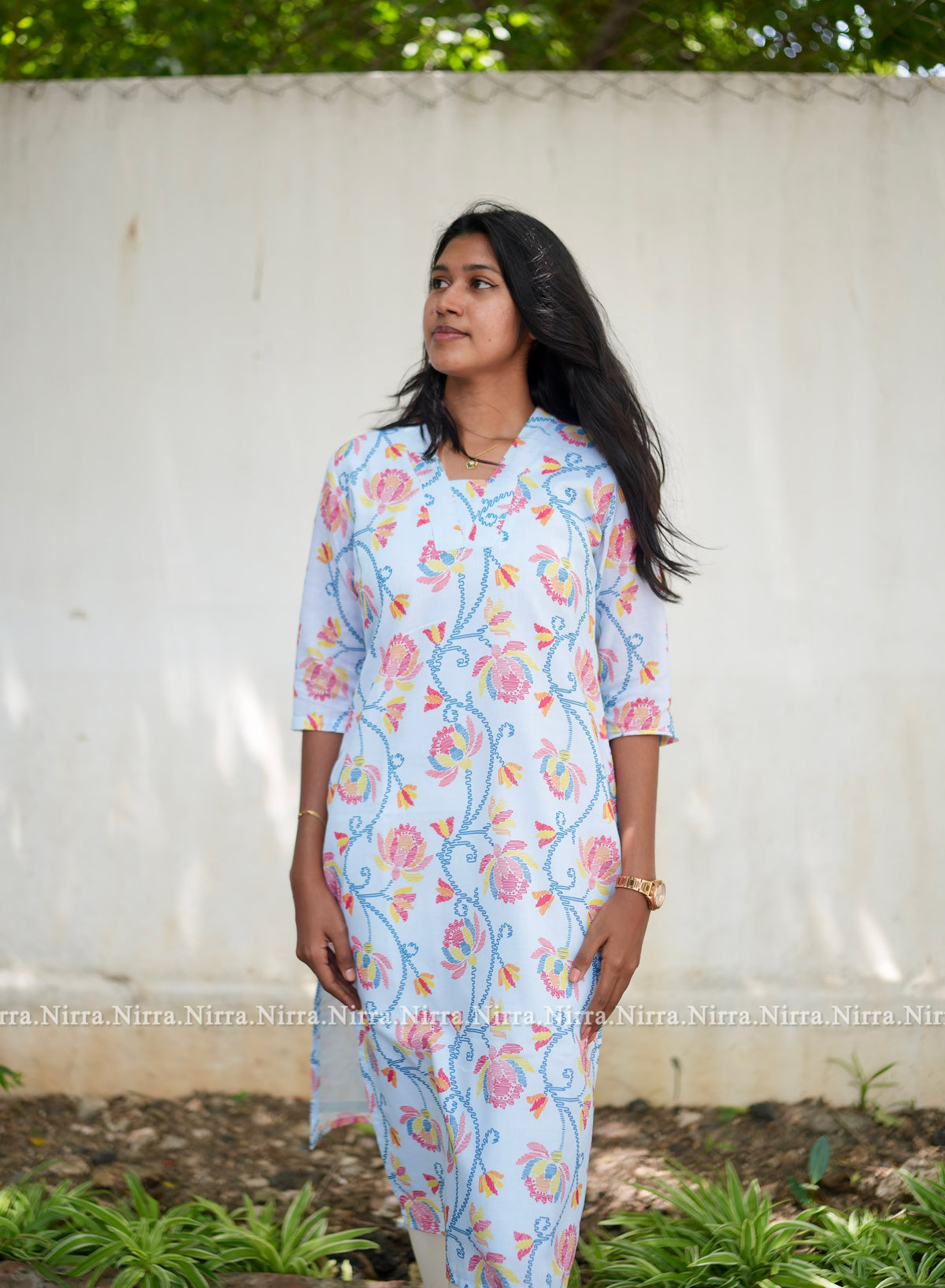 Sky blue floral print cotton kurti