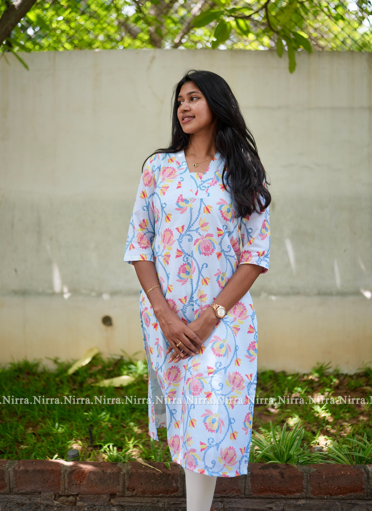 Sky blue floral print cotton kurti