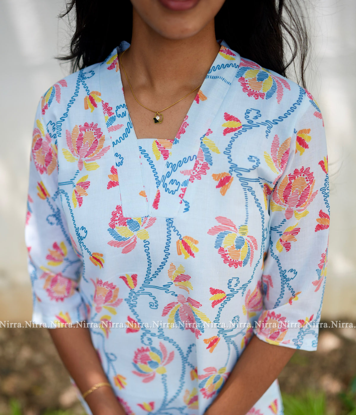 Sky blue floral print cotton kurti