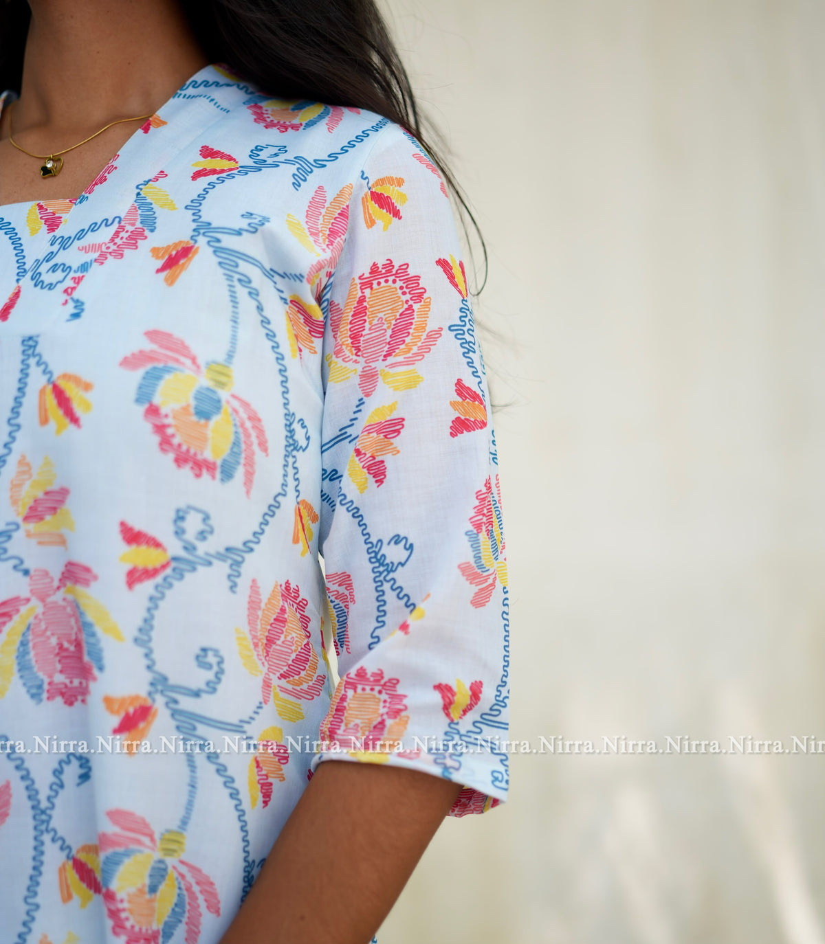 Sky blue floral print cotton kurti