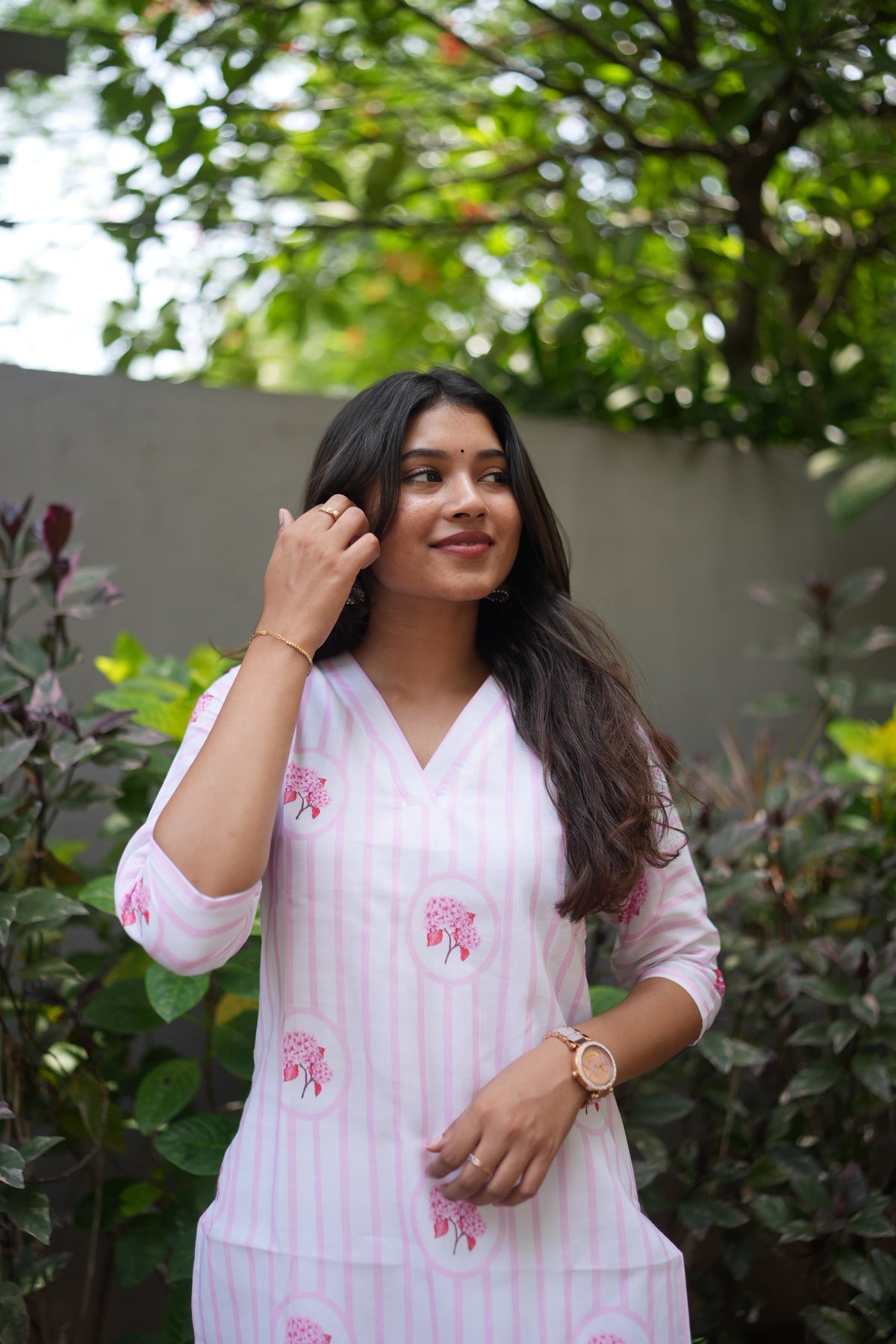 Pink cotton floral print kurti