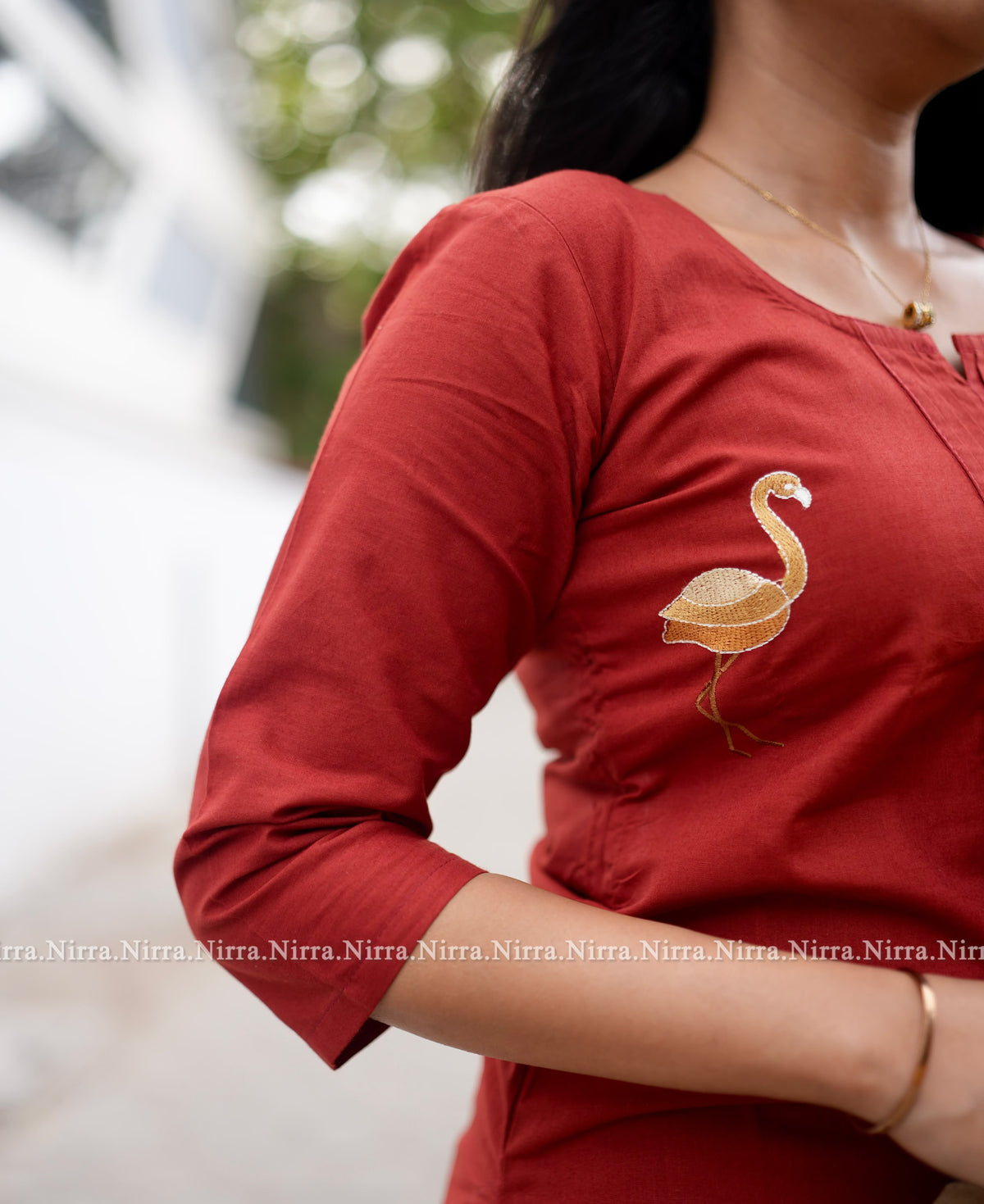 Red cotton embroidery salwar set with kalamkari shawl