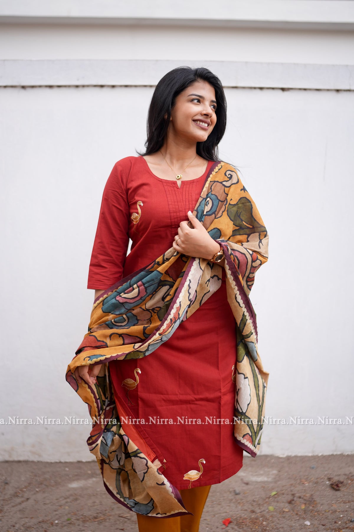 Red cotton embroidery salwar set with kalamkari shawl