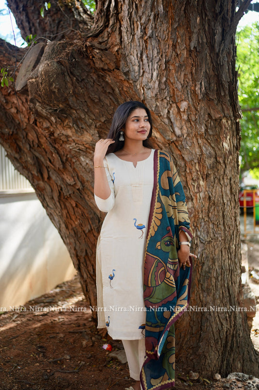 White cotton embroidery with kalamkari shawl