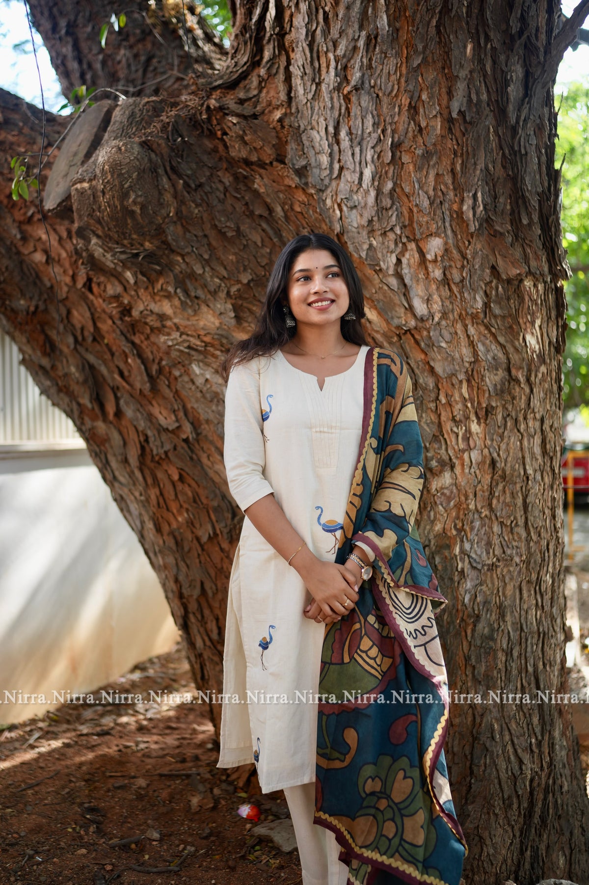 White cotton embroidery with kalamkari shawl